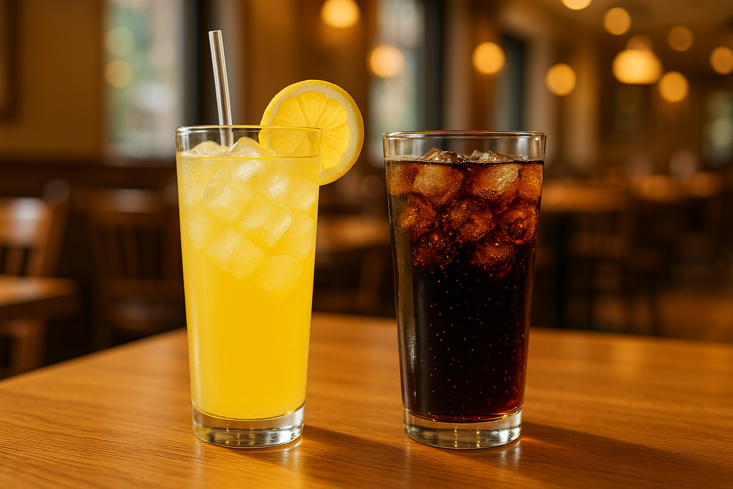 limonata ve kola bardaği beraber bir masada