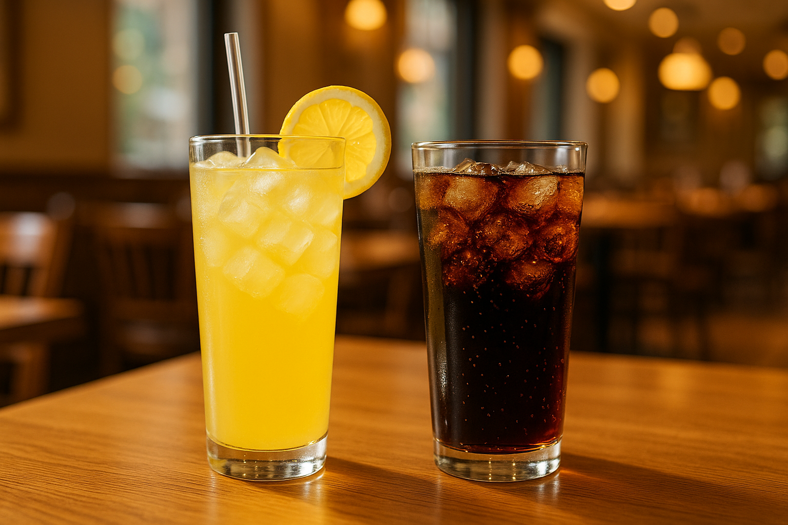 limonata ve kola bardaği beraber bir masada